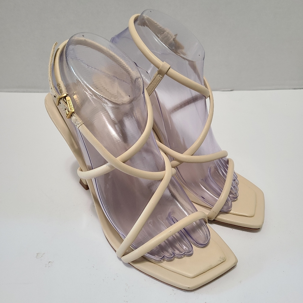 Schutz Lovi Nappa Women's Leather Eggshell Off White Sandal Heels‎ NWOT 8.5